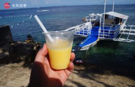 《English Fella 語言學校》週末活動，Nalusuan Island 跳島行程結束，每人一杯芒果冰沙，消暑一下！