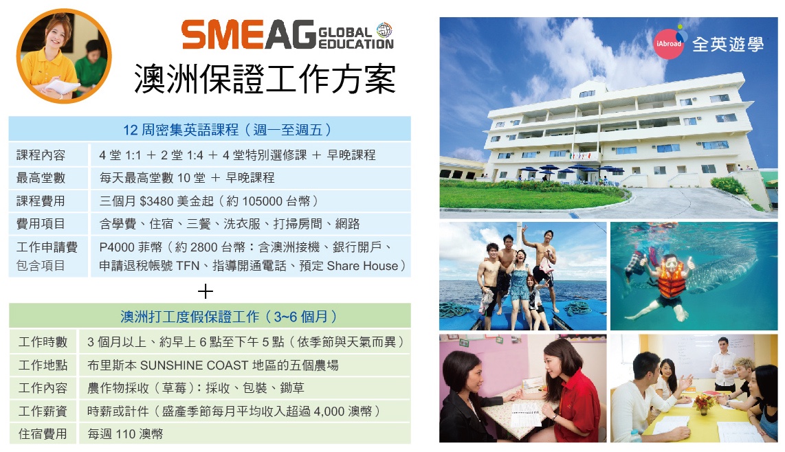 SMEAG 澳洲打工度假保證工作 + 12週菲律賓英文口語加強課程 
